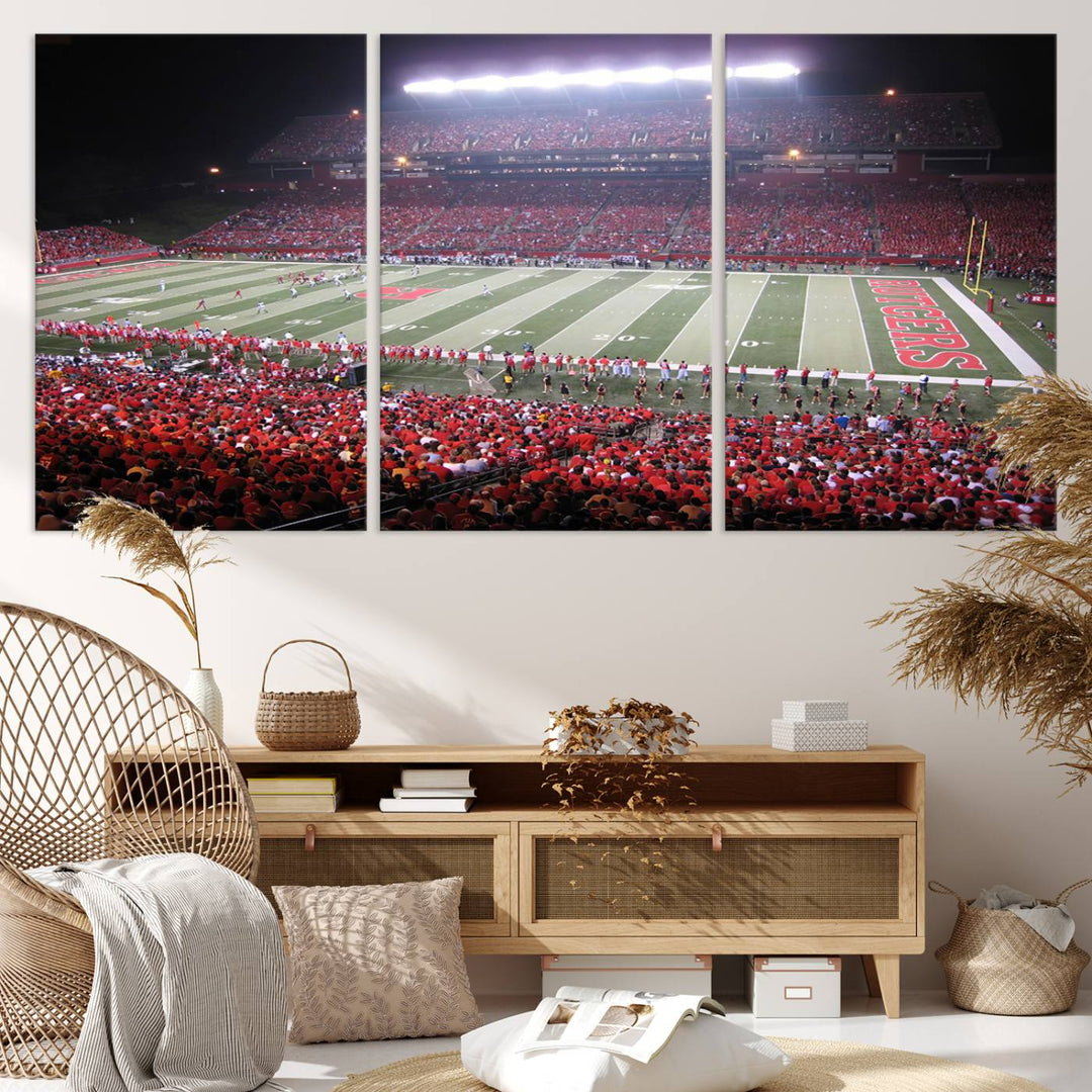 A bustling night game at SHI Stadium is captured as Rutgers Scarlet Knights wall art on a gallery-quality canvas print.