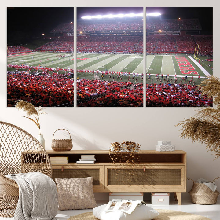 A bustling night game at SHI Stadium is captured as Rutgers Scarlet Knights wall art on a gallery-quality canvas print.