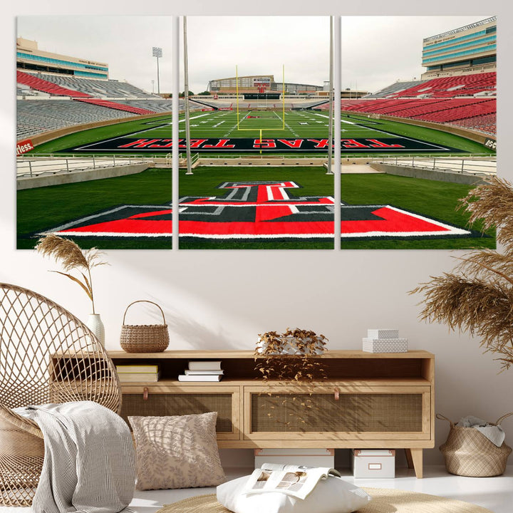 Gallery-quality print of Lubbock Jones AT&T Stadium featuring the Texas Tech Red Raiders field, highlighted by red and gray bleachers.