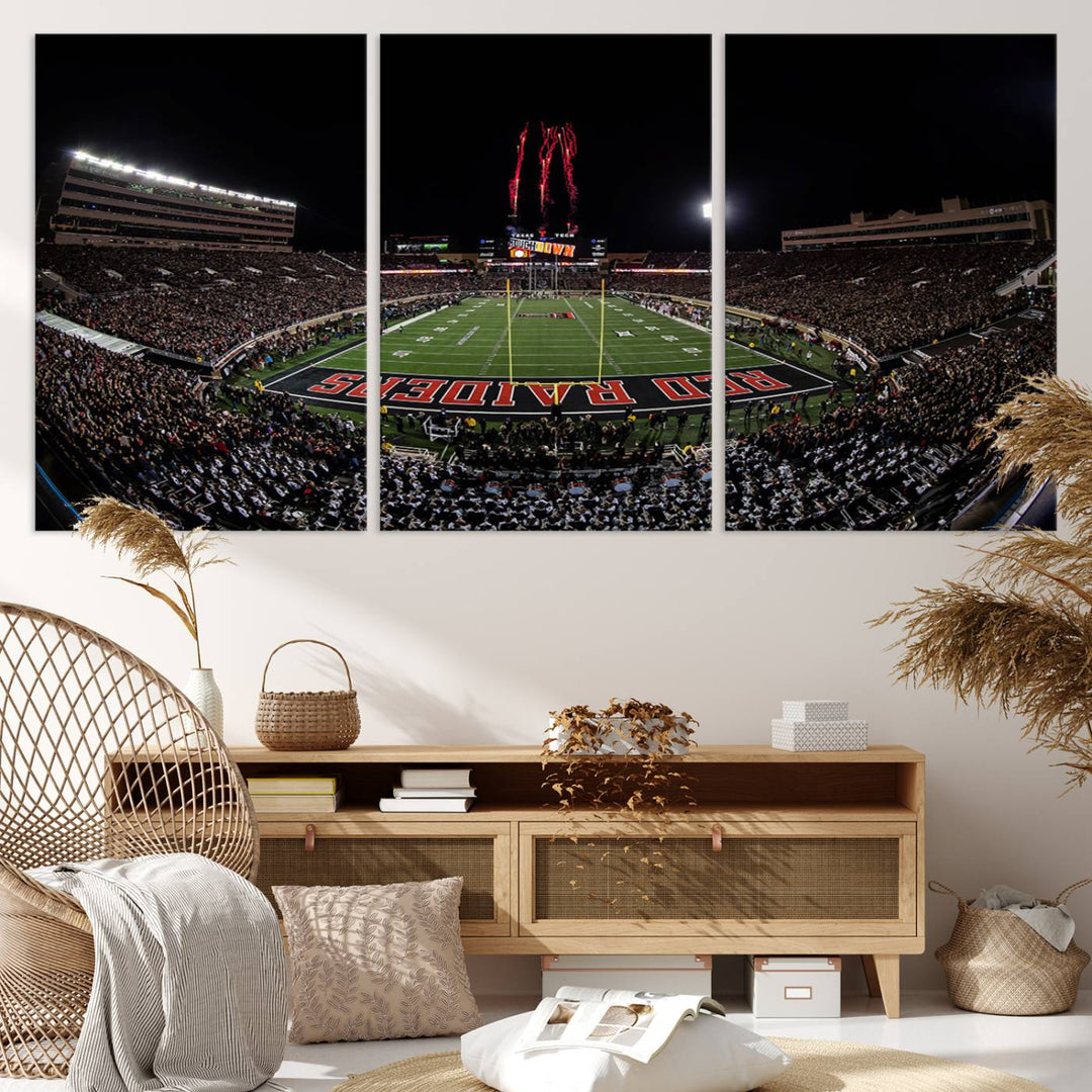 The wall features a Texas Tech Red Raiders Football Team Print on canvas, showcasing fireworks over a packed stadium at night.