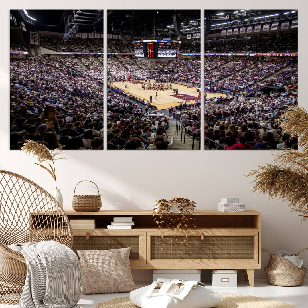 The Nebraska Basketball Arena Wall Art Canvas features an arena filled with Cornhuskers fans and players beneath a scoreboard.