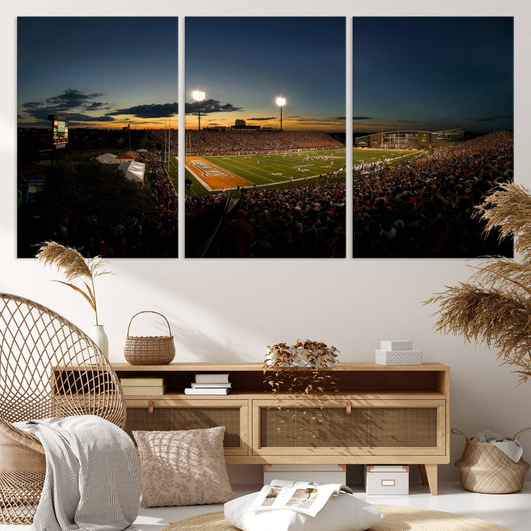 Ball State Cardinals Football Team Print - Muncie Scheumann Stadium Canvas featuring a sunset, floodlights, and lively crowd.