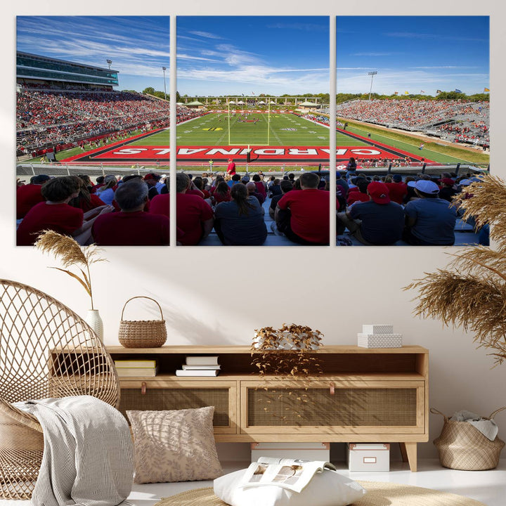 The Ball State Cardinals wall art on canvas depicts fans in red at Scheumann Stadium.