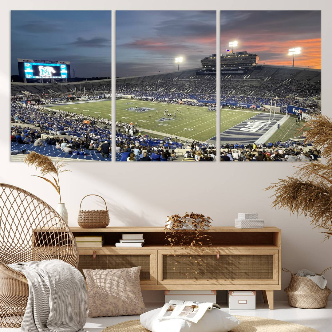 A Memphis Tigers football canvas print of Simmons Bank Liberty Stadium at sunset enhances the living room.