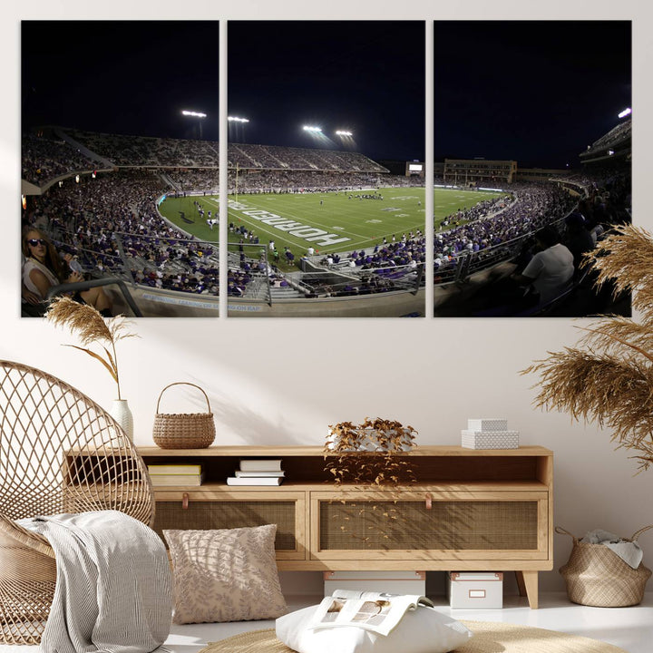 The wall art print features a night view of Amon G. Carter Stadium filled with TCU fans, showcased in the Horned Frogs Football Canvas Wall Art.