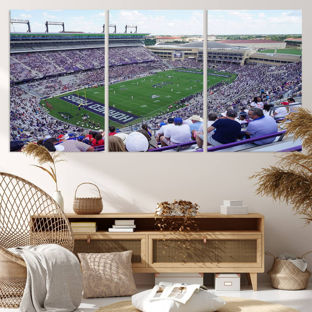 Amon G. Carter Stadium wall art canvas showcasing the TCU Horned Frogs and packed stands at Fort Worth.