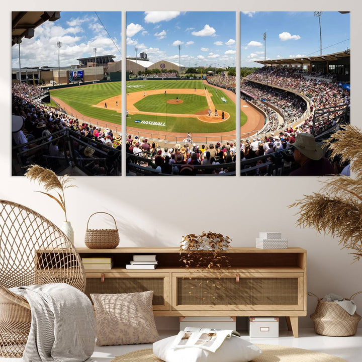 A baseball stadium under a blue sky, capturing the energy of The Texas A&M Aggies Athletics Kyle Field Wall Art.