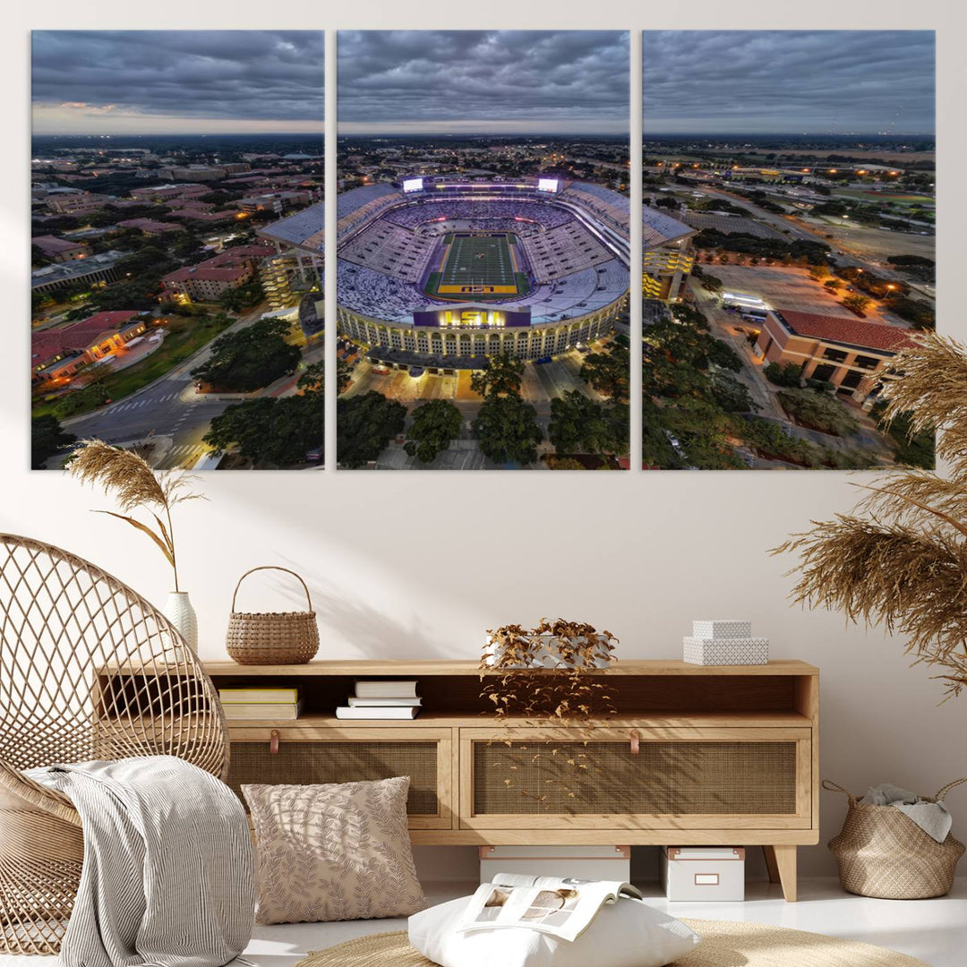 The LSU Tigers Football Team Baton Rouge Tiger Stadium Canvas is displayed prominently, capturing attention with its vivid depiction of the iconic stadium.