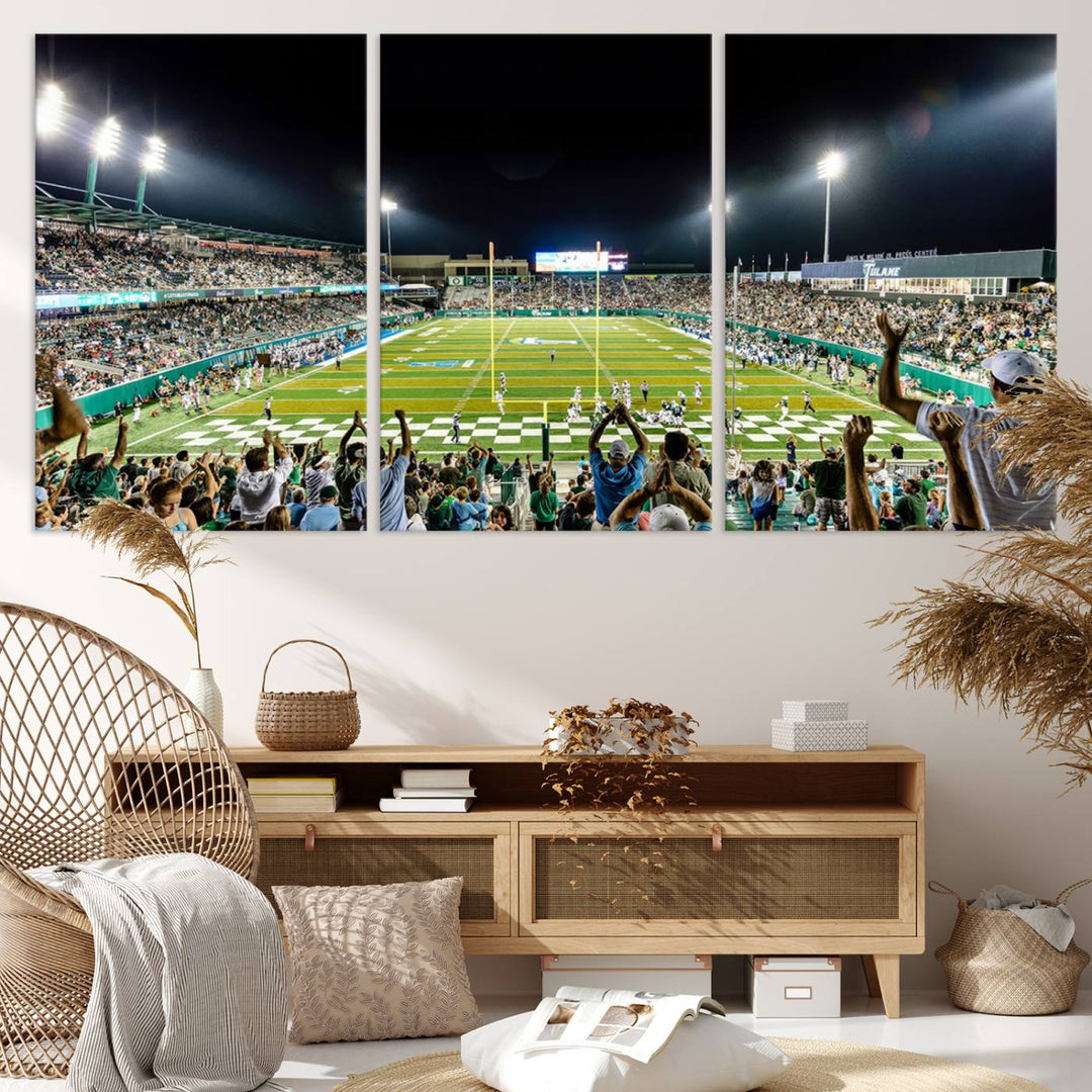 This vibrant wall art canvas print captures the excitement of fans cheering for the Tulane Green Wave Football Team under the lights of Yulman Stadium.