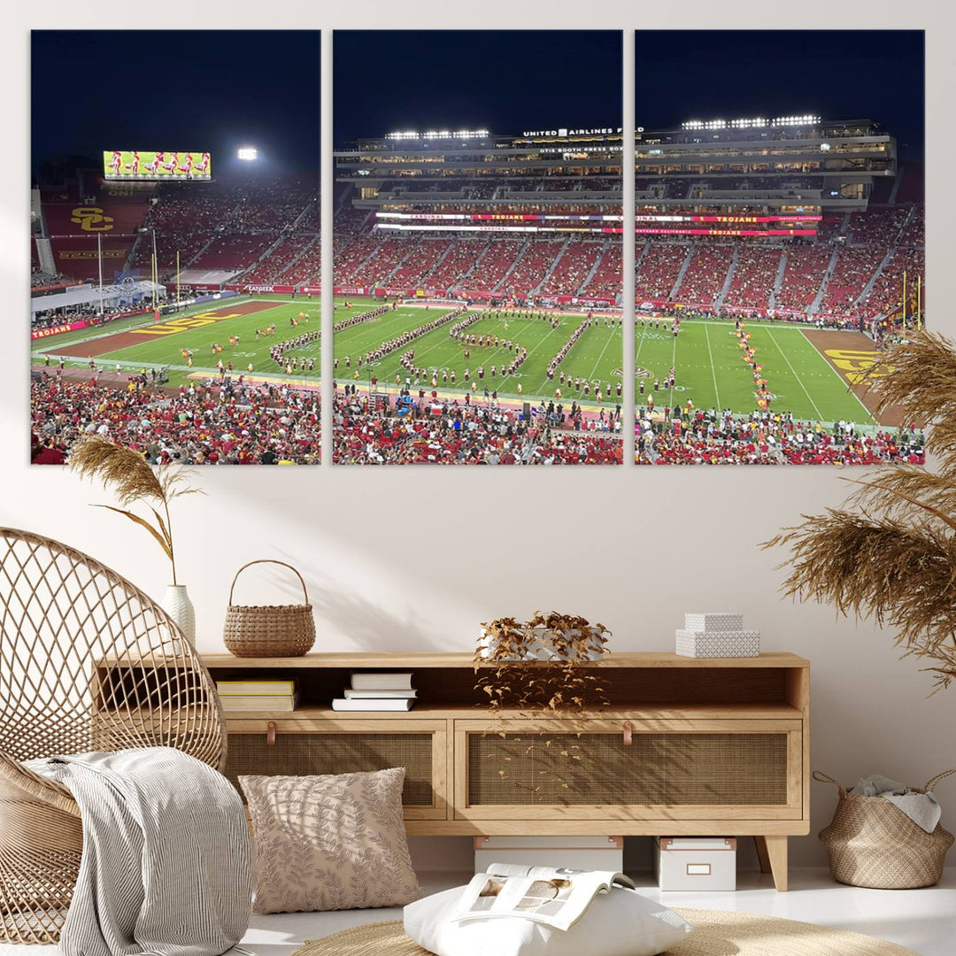 Canvas print depicting a packed stadium at night with a marching band forming USC, celebrating the Trojans at Los Angeles Memorial Coliseum.