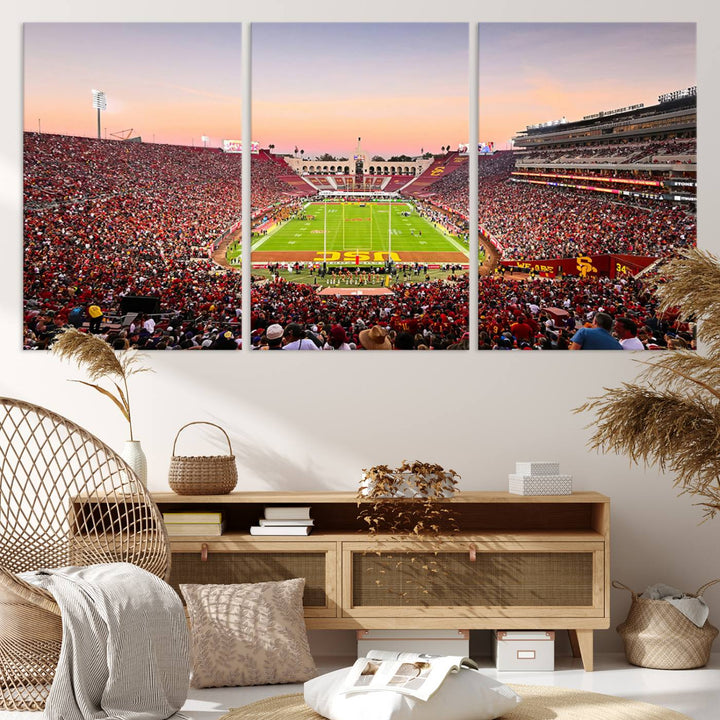 A USC Trojans wall art canvas print highlights the scene, depicting the Coliseum Stadium at sunset.