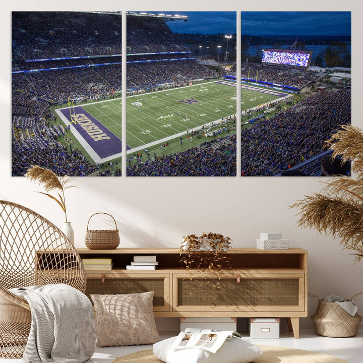 The University of Washington Huskies Football Team Print: Seattle Husky Stadium Wall Art Canvas captures a dusk stadium view.