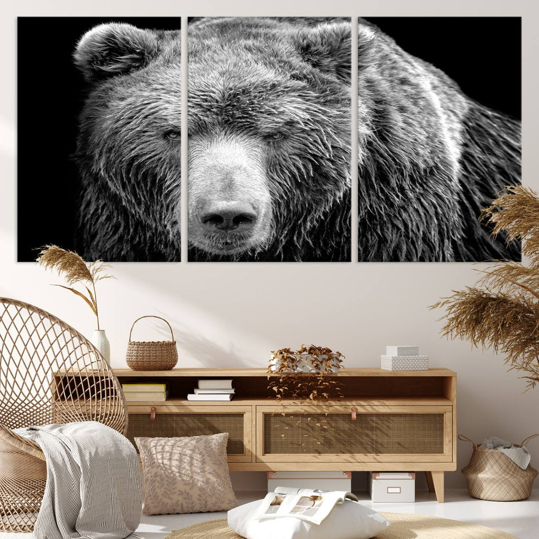 The 399 Grizzly Bear Canvas Print is displayed prominently on a wall in a modern living room.