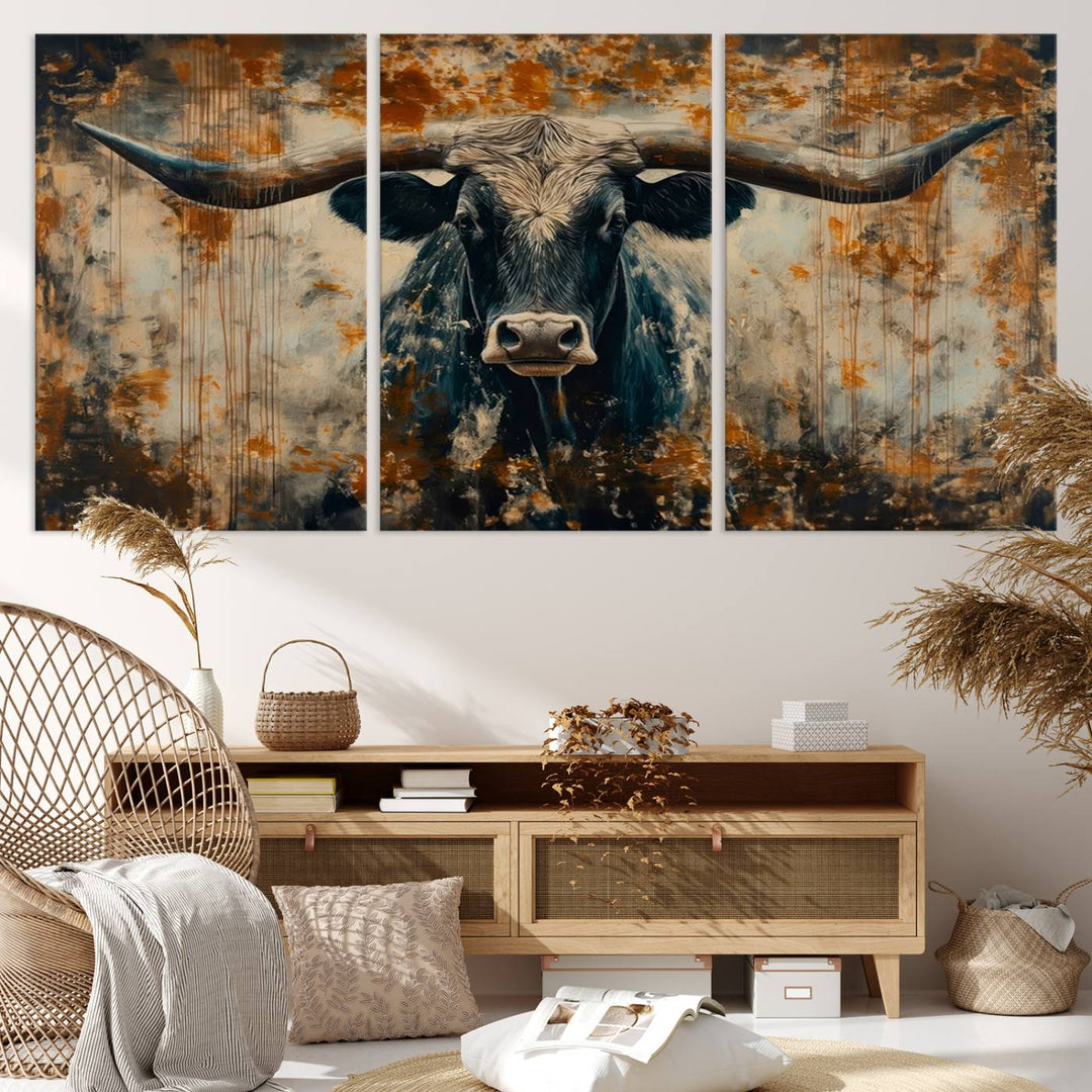 Abstract Longhorn Bull Wall Art | Rustic Western Wall Decor | Framed and Ready to Hang | Ideal for Farmhouse, Lodge, and Barn Decor