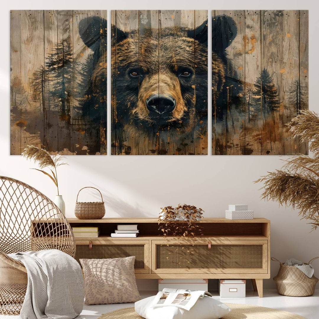 The Abstract 399 Bear Wall Art, featuring a rustic cabin theme with forest design, is framed and ready to hang. It's ideal for lodge, cabin, and barn decor and perfectly complements the nature lover's aesthetic.