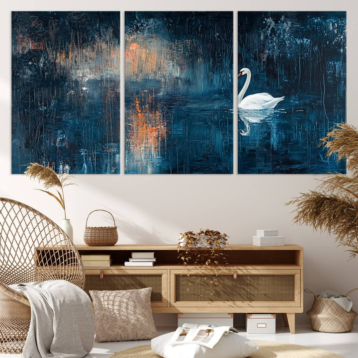 Abstract Swan Wall Art | Moody Blue and Orange Swan Painting on Canvas | Framed and Ready to Hang | Elegant and Modern Art for Living Room or Bedroom Decor