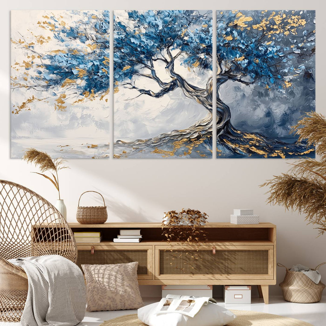 Elegant Abstract Tree Canvas Wall Art | Tree of Life Painting | Textured Art in Blue and Gold | Framed & Ready to Hang for Modern Living Room Decor