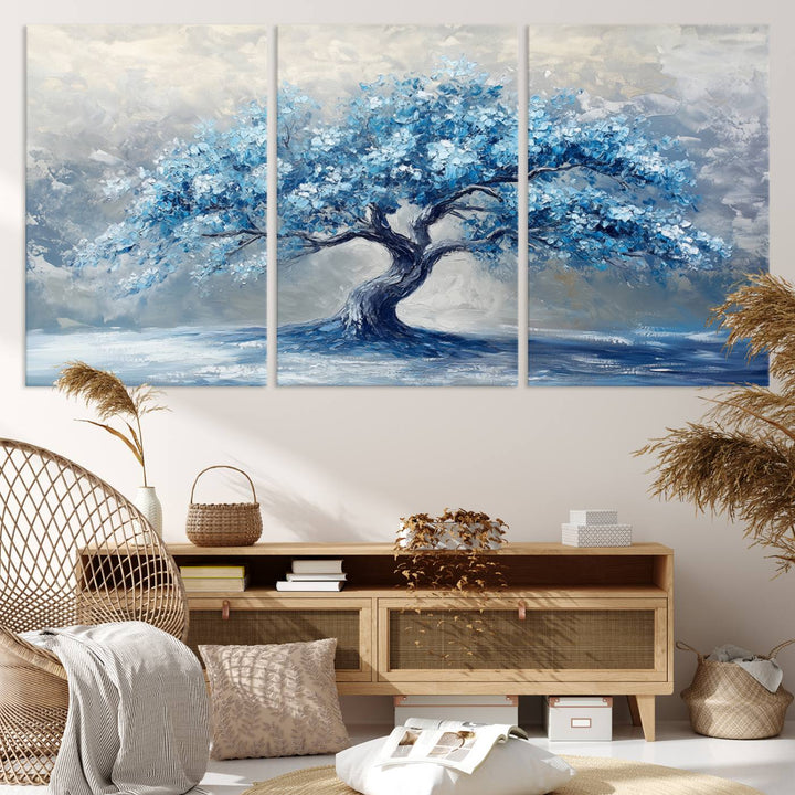 Serene Abstract Blue Tree Wall Art | Canvas Print of a Majestic Tree in Blue Hues | Perfect for Farmhouse, Coastal, and Modern Decor