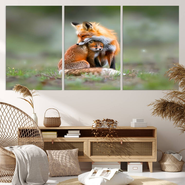 Heartwarming Fox and Baby Cub Wall Art | Ready to Hang Canvas Print of Foxes in Nature | Perfect for Animal Lovers, Rustic Decor, and Cabin Wall Art