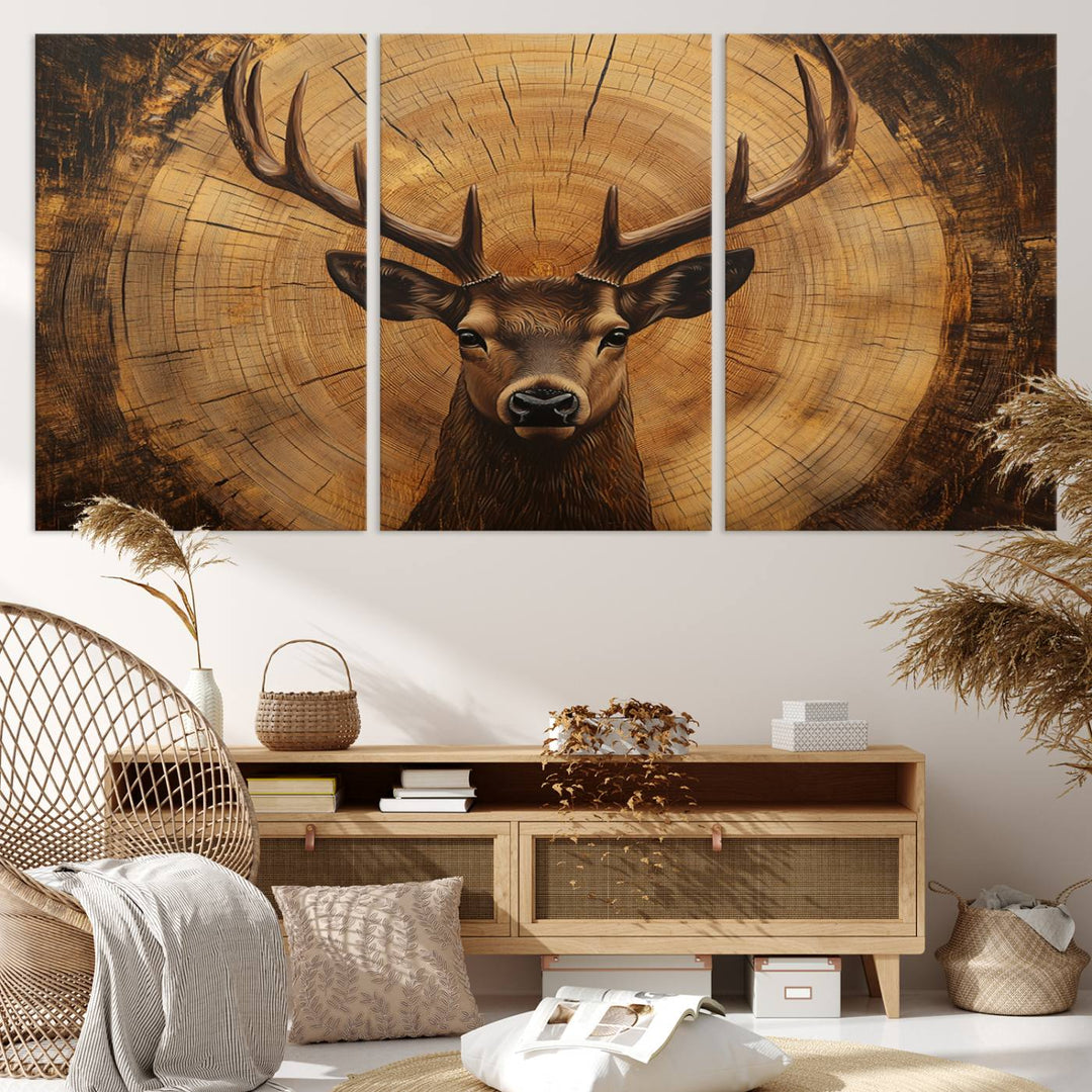 Deer Wall Art Canvas Print | Ready to Hang Canvas Print of a Stag with Rustic Tree Rings | Perfect for Farmhouse Wall Decor, Cabin Wall Art