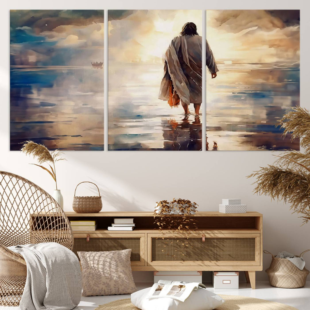 Jesus Walking on Water Wall Art | Ready to Hang Spiritual Triptych Canvas Print | Inspirational Christian Decor for Home or Church