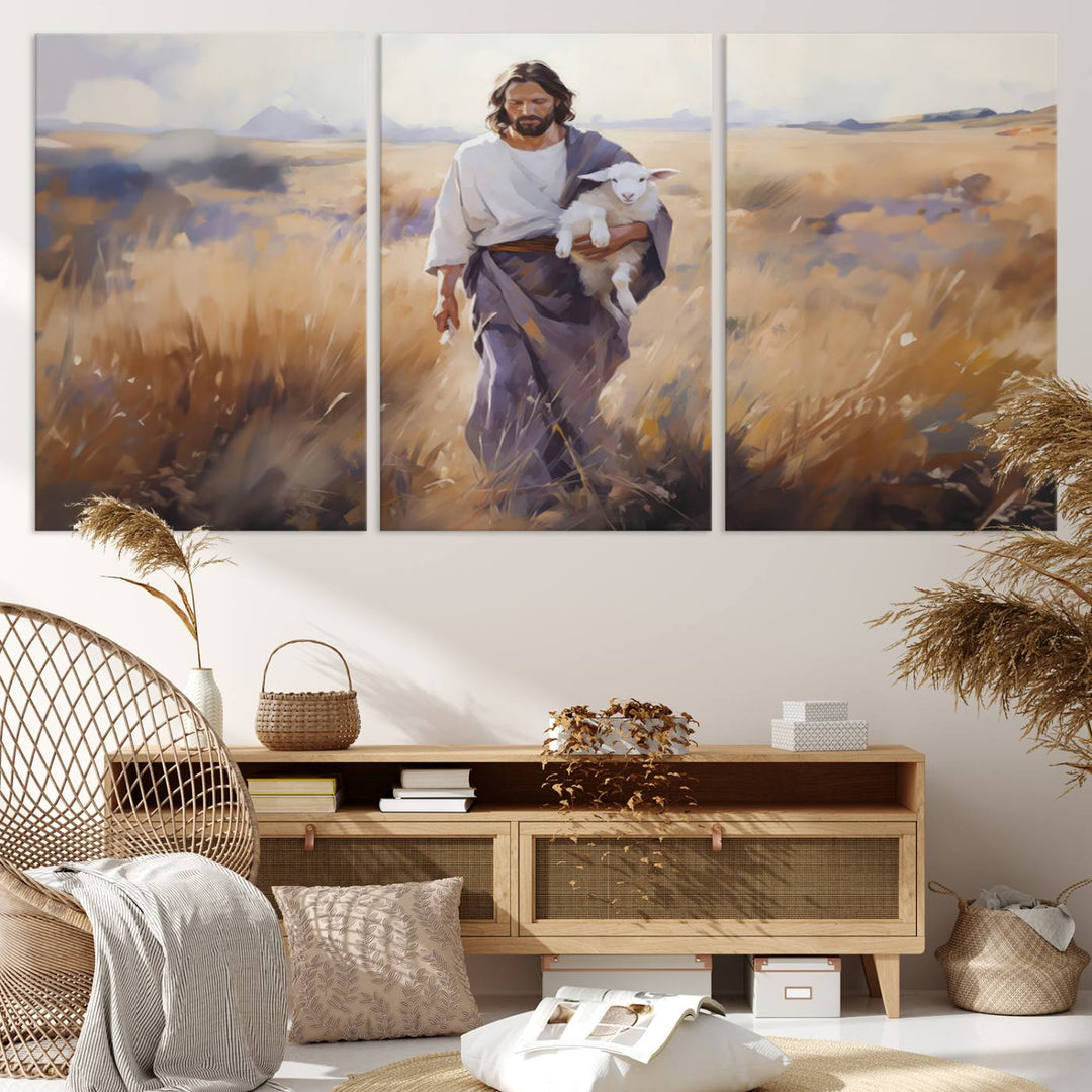 Jesus the Good Shepherd Wall Art Canvas Print - Lost Lamb  Print for Prayer Room Decor