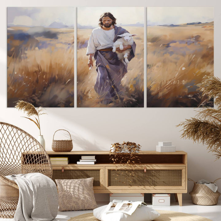 Jesus the Good Shepherd Wall Art Canvas Print - Lost Lamb  Print for Prayer Room Decor