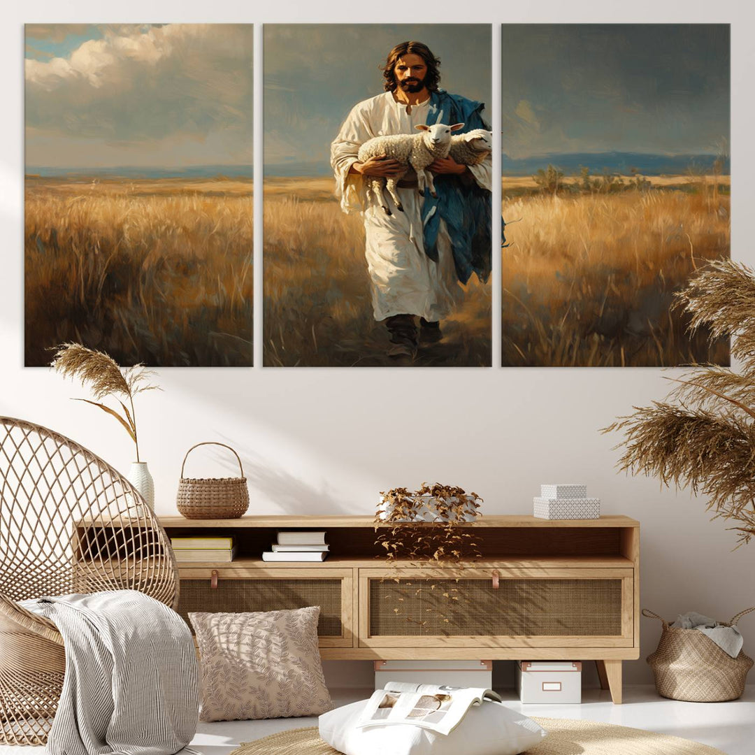 Jesus Shepherd Wall Art | Ready to Hang Triptych Canvas of Jesus Holding a Lamb in a Field | Inspirational Christian Decor for Home