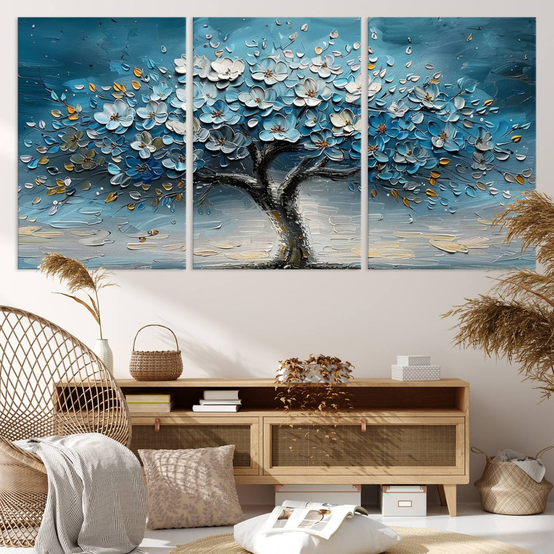 Abstract Blooming Tree Wall Art Print features blue, white, and gold textures on museum-quality canvas, perfect for modern decor.