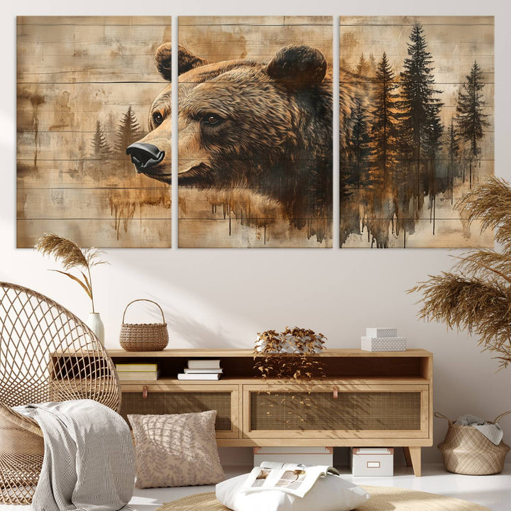 Abstract Rustic Grizzly Bear Wall Art Canvas Print - Woodland Wildlife Forest Print for Farmhouse Decor