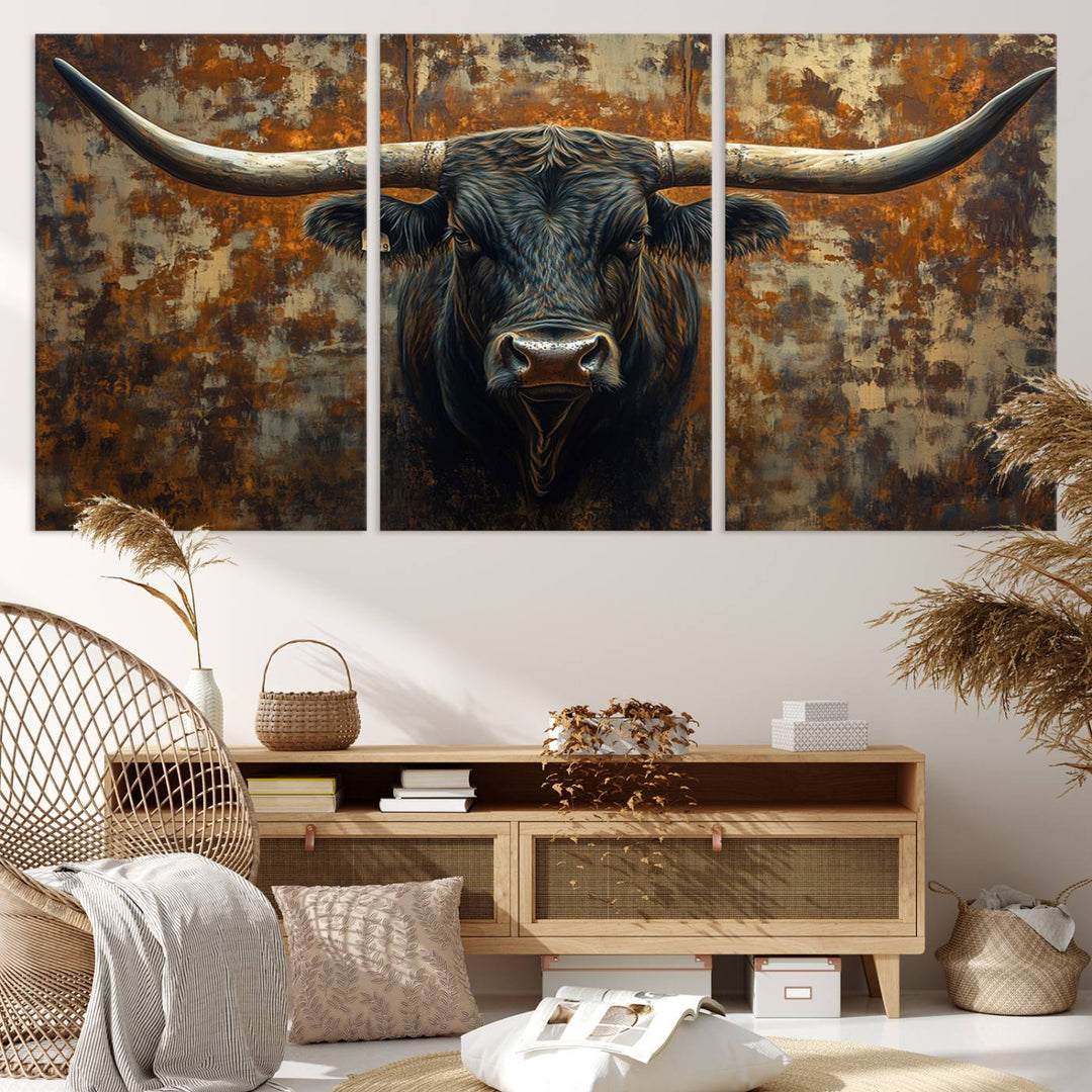 Abstract Longhorn Texas Bull Wall Art | Rustic Farmhouse Canvas Print | Ready to Hang Barn Decor for Farmhouse and Cabin Style