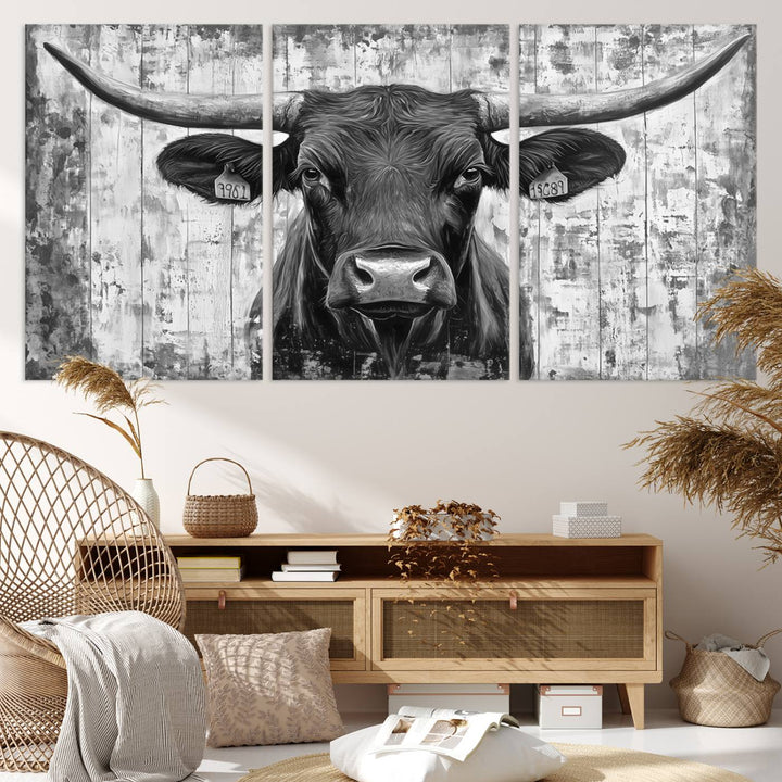 Abstract Longhorn Bull Wall Art Canvas Print - Rustic Texas Western Cow Artwork