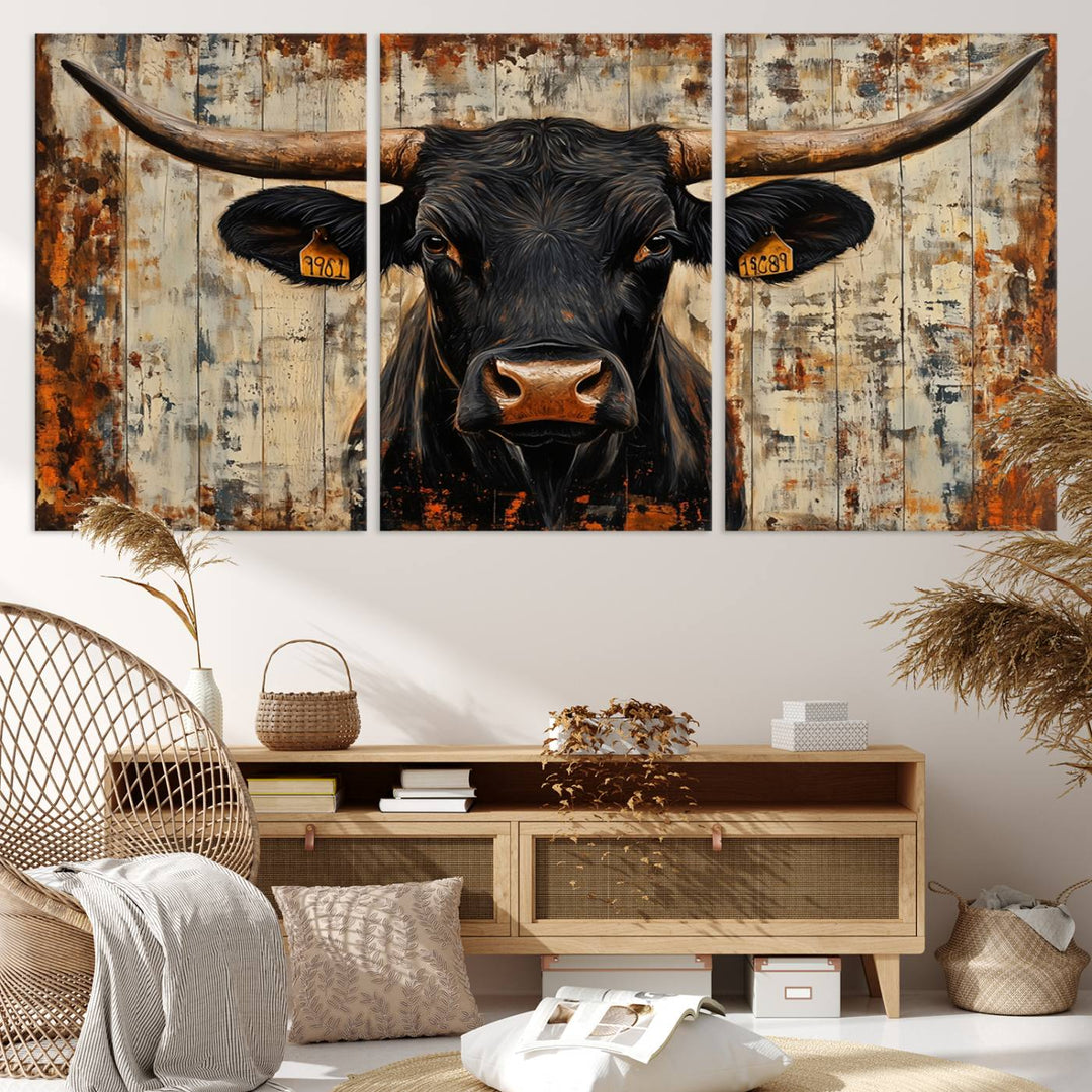 Abstract Cow Longhorn Bull Wall Art Canvas Print - Rustic Texas Western Cattle Artwork