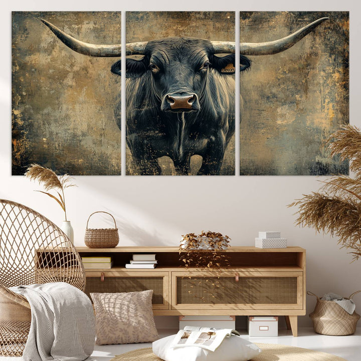 Abstract Cow Longhorn Bull Wall Art Canvas Print - Rustic Texas Western Cattle Artwork