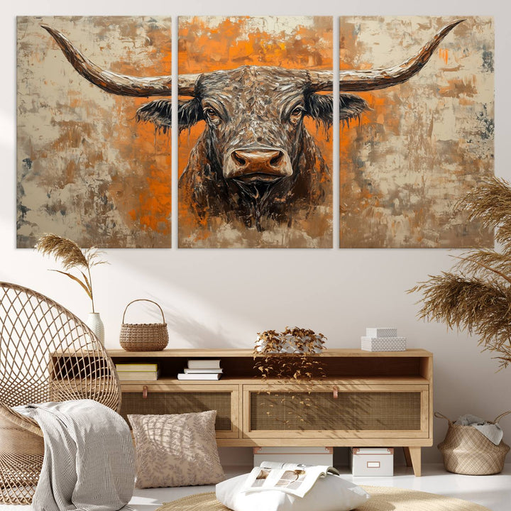 Abstract Cow Longhorn Bull Wall Art Canvas Print - Rustic Texas Western Cattle Artwork