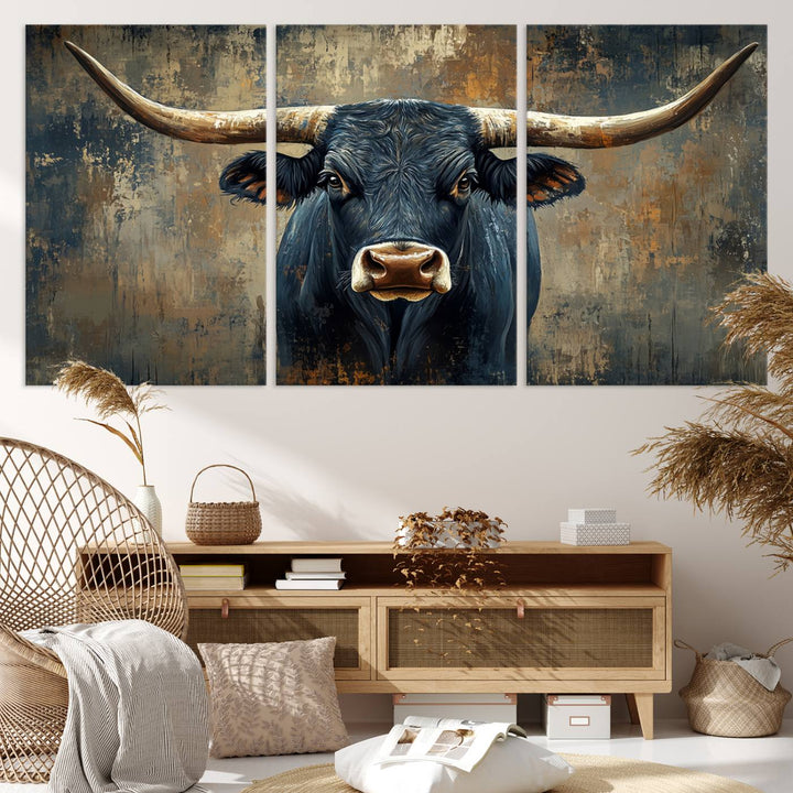 Abstract Cow Longhorn Bull Wall Art Canvas Print - Rustic Texas Western Cattle Artwork