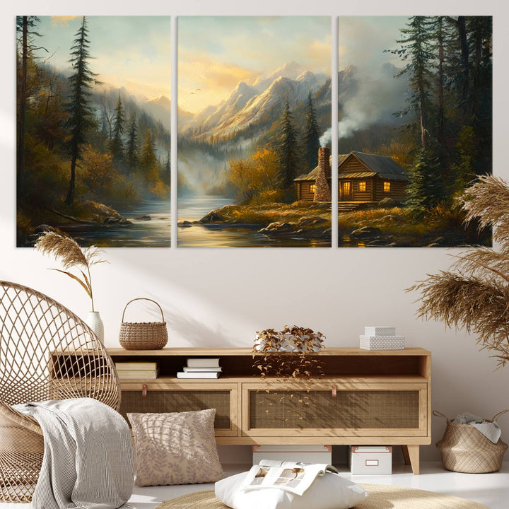 Wood Cabin Retreat Mountain at Sunset Wall Art Print - Serene Forest and River Landscape Wall Art Canvas Print