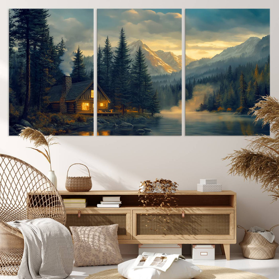 Mountain Cabin by the Lake at Sunset Wall Art - Serene Nature Canvas Print for Living Room Decor, Rustic Lodge Ambiance, 3-Panel Large Wall Art