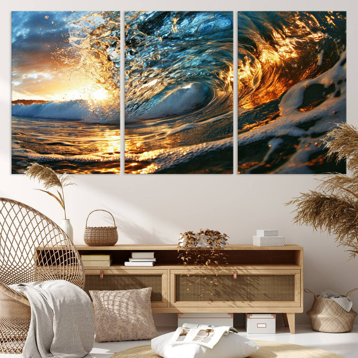 Ocean Wave at Sunset Wall Art | Ready to Hang Triptych Canvas Print | Coastal Wall Art for Living Room | Nautical and Beach House Decor