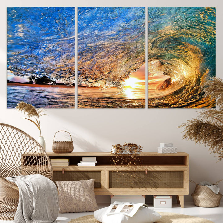 Ocean Wave at Sunset Canvas Print | Large Coastal Ocean Wall Art Print | Vibrant Beach Waves Art Print | Surf Lover Gift | Nautical Decor