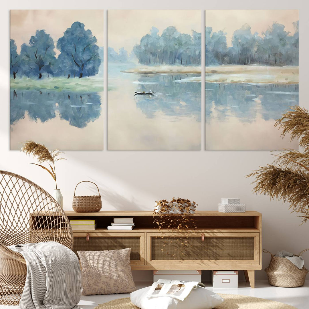 Landscape Printing Lake and Boat Scene | Serene Landscape Wall Art for Nature Lovers | Ready to Hang Triptych Canvas Print | Peaceful Blue Trees and Water Reflection Decor