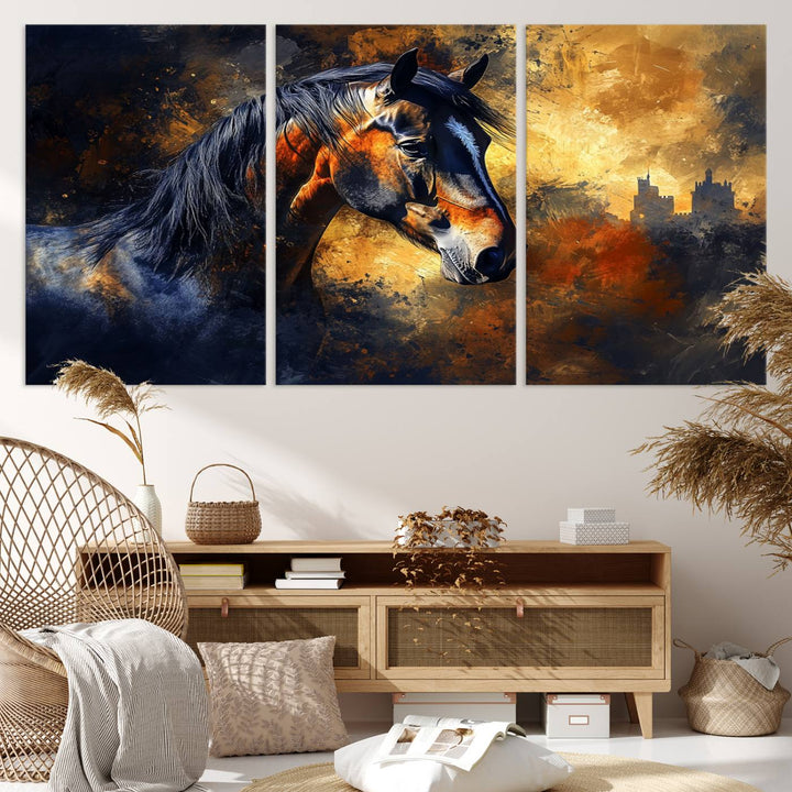 Abstract Horse Art Print on canvas, featuring a colorful background, perfect for rustic farmhouse or equestrian decor.