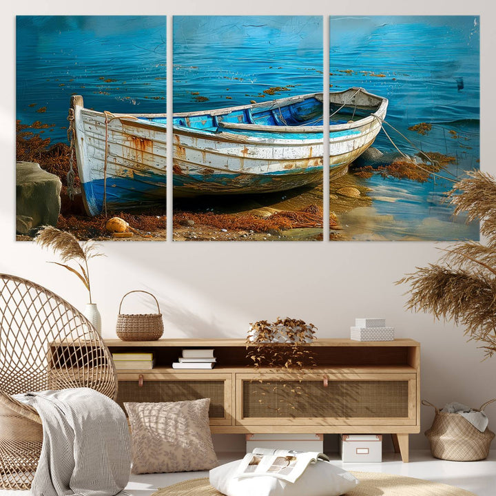 Vintage boat on tranquil waters—rustic triptych canvas print ideal for nautical or coastal wall art.