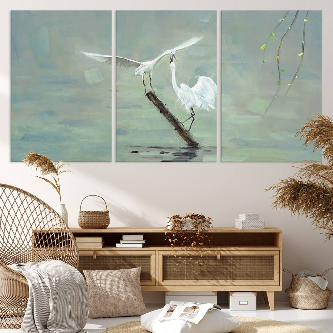 Elegant White Herons on Calm Waters | Coastal Wall Art for Nature-Inspired Decor | Serene Triptych Canvas Print | Ready to Hang Bird-Themed Art for Home Decor