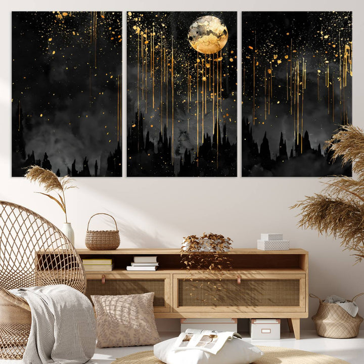 Gold Moon and Black Skyline Abstract Wall Art | Dark Modern Canvas Print with Dripping Gold Accents | Triptych Contemporary Homes