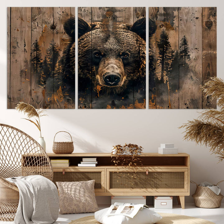 Rustic Bear Wall Art | Triptych Canvas Print | Rustic Cabin Wall Decor | Forest-Inspired Animal Art | Perfect for Farmhouse or Woodland Print