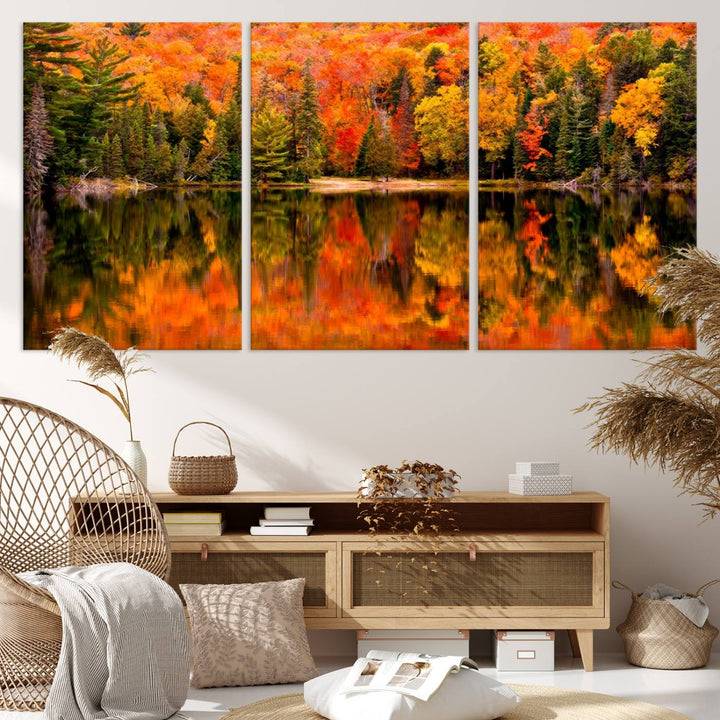 Autumn Forest Reflection Wall Art | Triptych Canvas Print | Vibrant Fall Foliage Wall Decor | Nature-Inspired Cabin Wall Art for Living Room