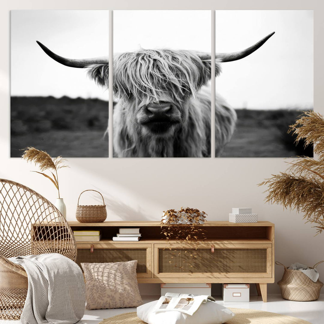 Highland Cow Wall Art | Black and White Farmhouse Decor | Ready to Hang Triptych Canvas Print | Rustic Barn Decor | Scottish Highland Cattle Art Print