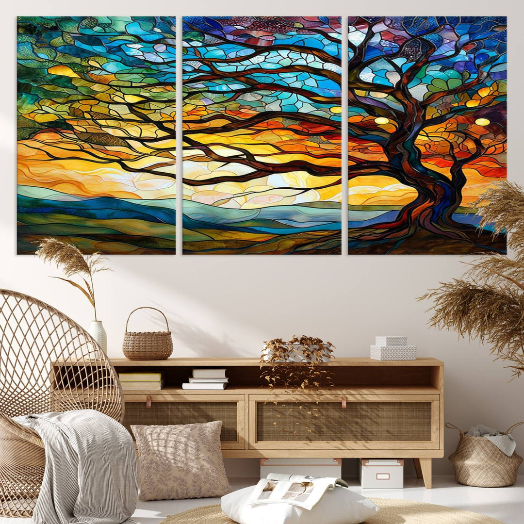 Vibrant Mosaic Tree of Life Wall Art | Stained Glass Style Canvas Print | Ready to Hang Artistic Decor