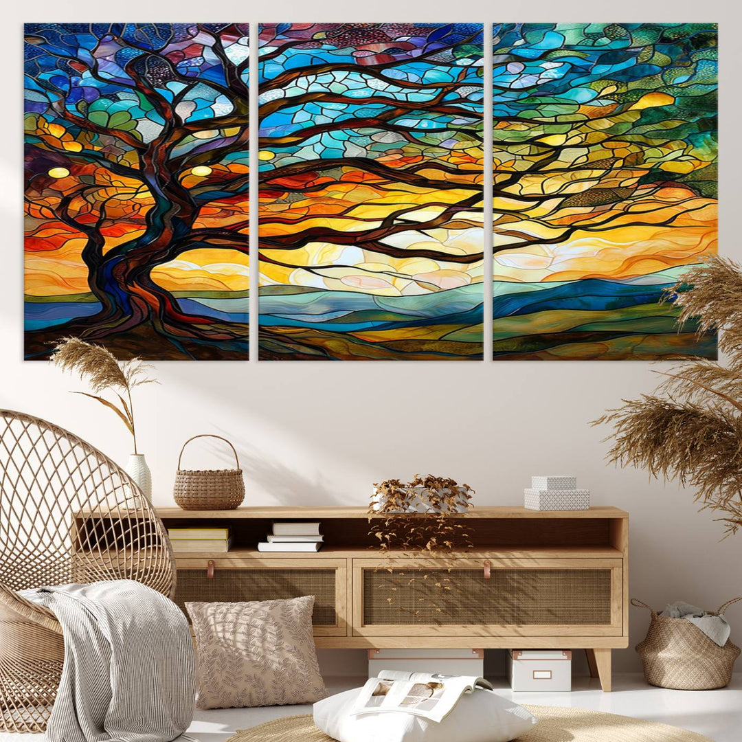 Mosaic Tree Wall Art | Ready to Hang Stained Glass Style Canvas Print | Farmhouse Wall Decor, Cabin Wall Art, and Unique Nature Home Decor